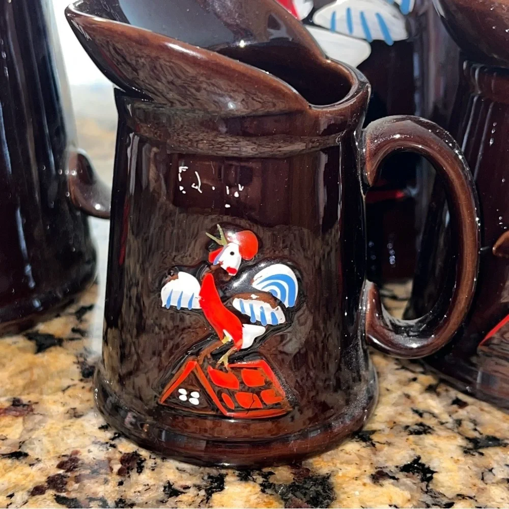 Vintage Rooster Breakfast Batter Set. Redware Pottery-4 Piece Set